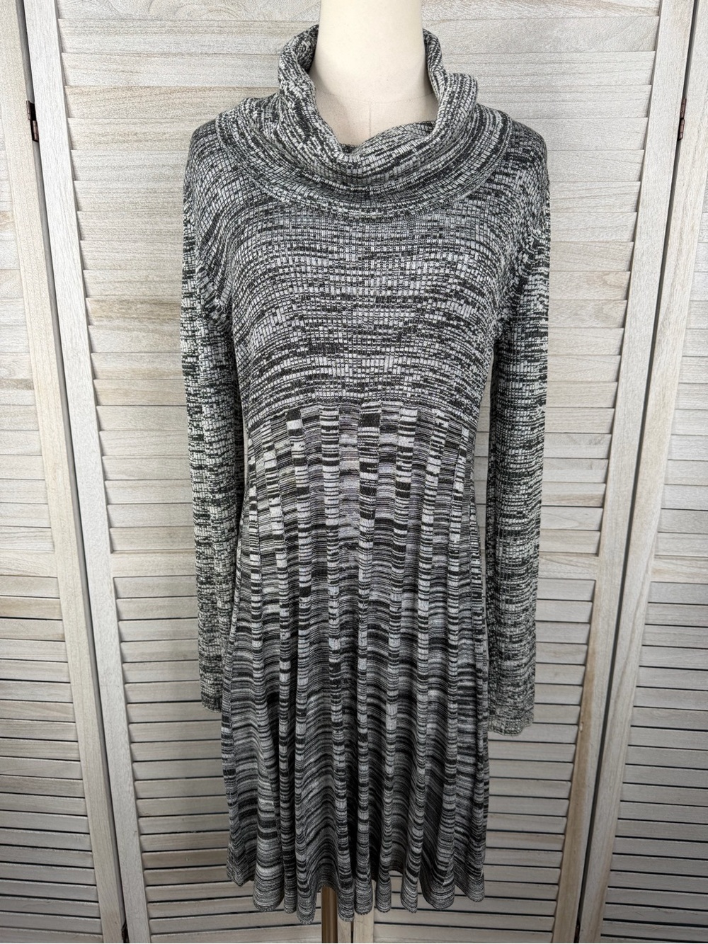 CALVIN KLEIN Cowl Neck Sweater Dress Fit & Flare Marled Knit Black & White-M/L